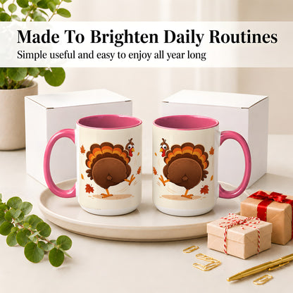 #pl[15oz|Pink] Funny Turkey Accent Mug, Ceramic Mug with Dancing Back View Artwork