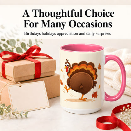#pl[15oz|Pink] Funny Turkey Accent Mug, Ceramic Mug with Dancing Back View Artwork