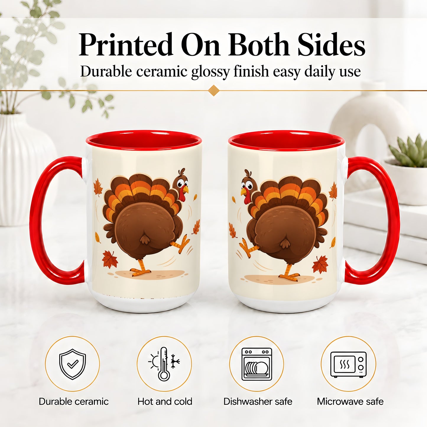 #pl[15oz|Red] Funny Turkey Accent Mug, Ceramic Mug with Dancing Back View Artwork