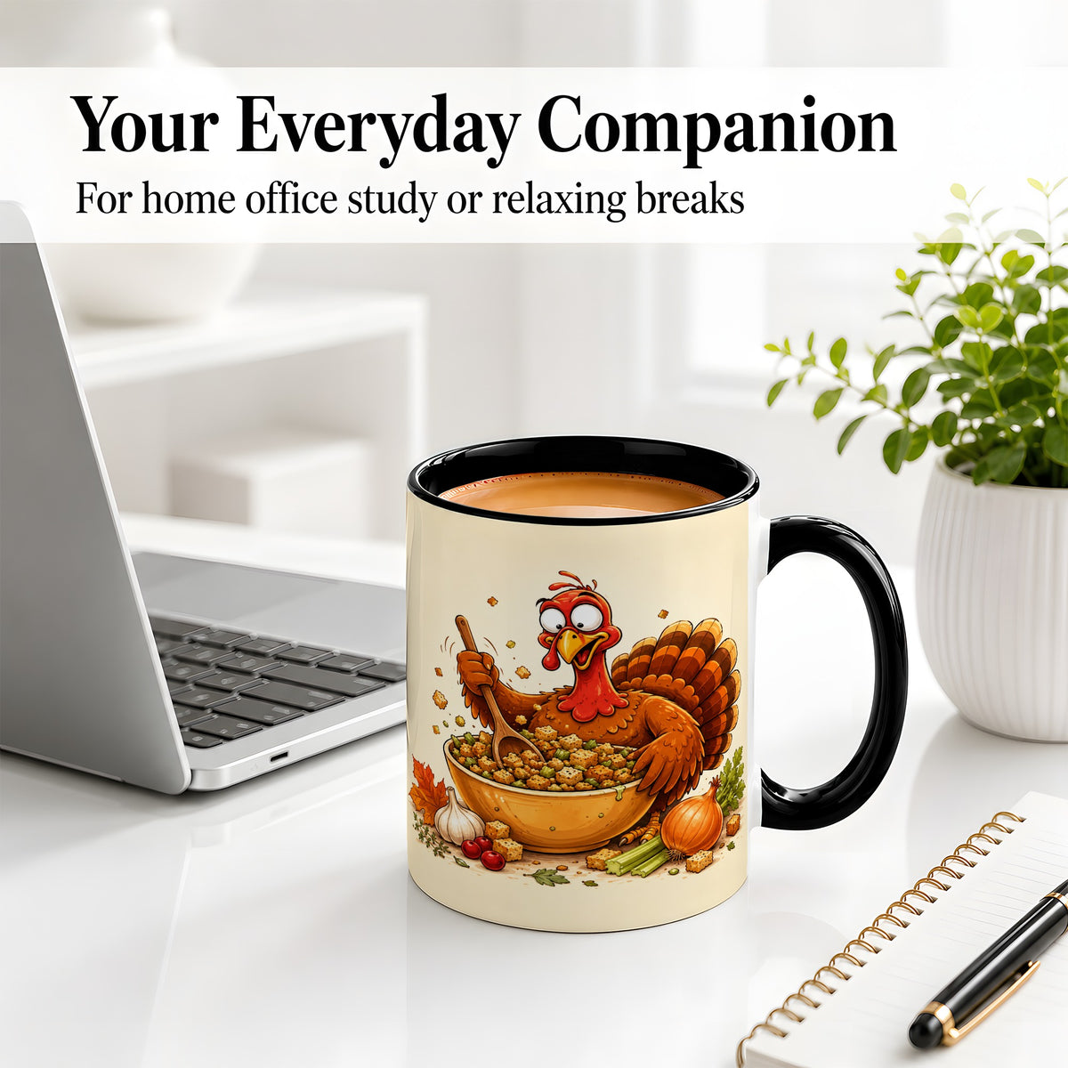 #pl[11oz|Black] Thanksgiving Turkey Accent Mug, Ceramic Mug with Stuffing Bowl Artwork