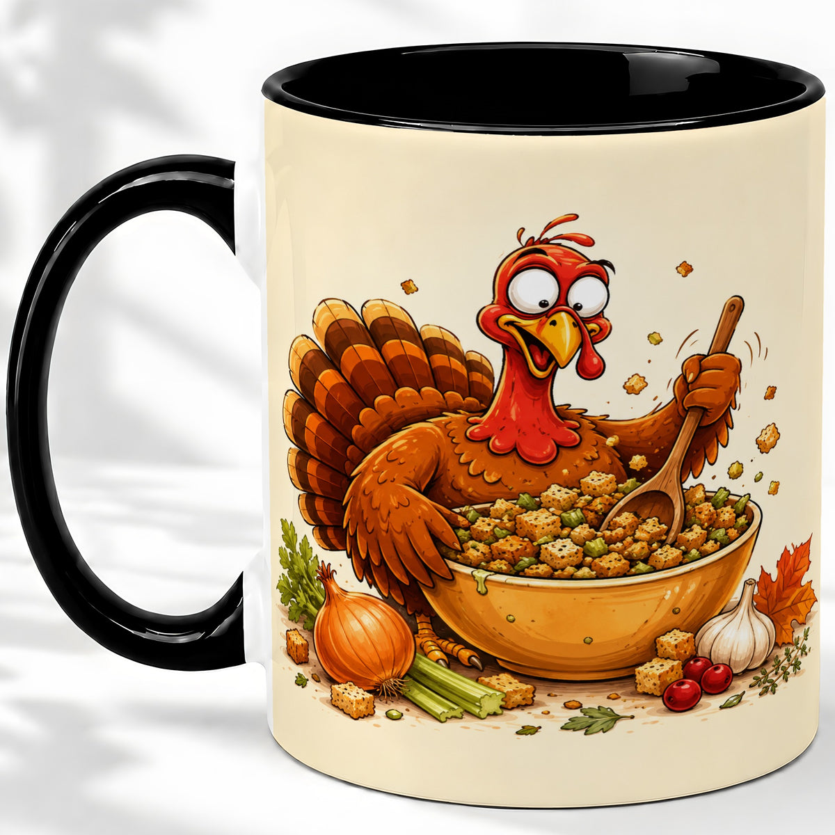 #pl[11oz|Black] Thanksgiving Turkey Accent Mug, Ceramic Mug with Stuffing Bowl Artwork