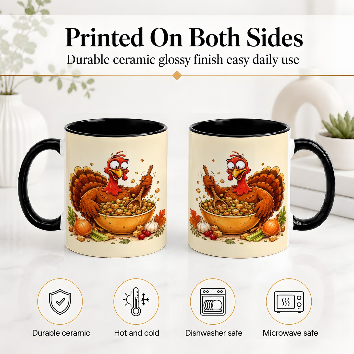 #pl[11oz|Black] Thanksgiving Turkey Accent Mug, Ceramic Mug with Stuffing Bowl Artwork