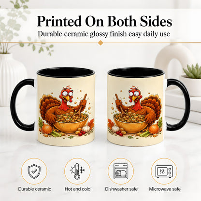 #pl[11oz|Black] Thanksgiving Turkey Accent Mug, Ceramic Mug with Stuffing Bowl Artwork