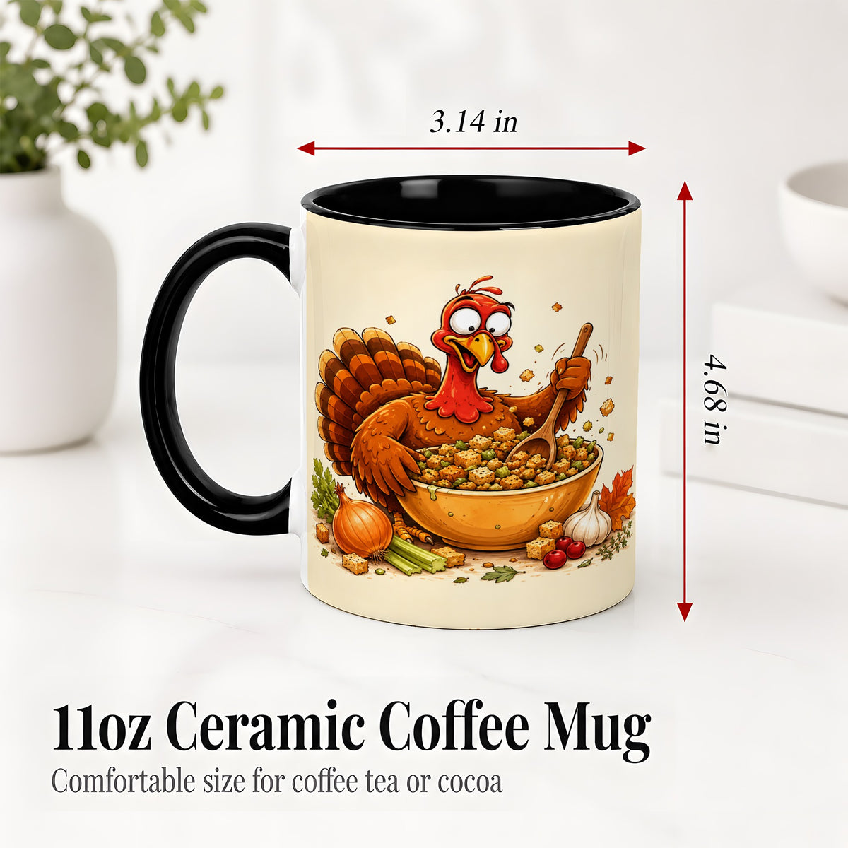 #pl[11oz|Black] Thanksgiving Turkey Accent Mug, Ceramic Mug with Stuffing Bowl Artwork