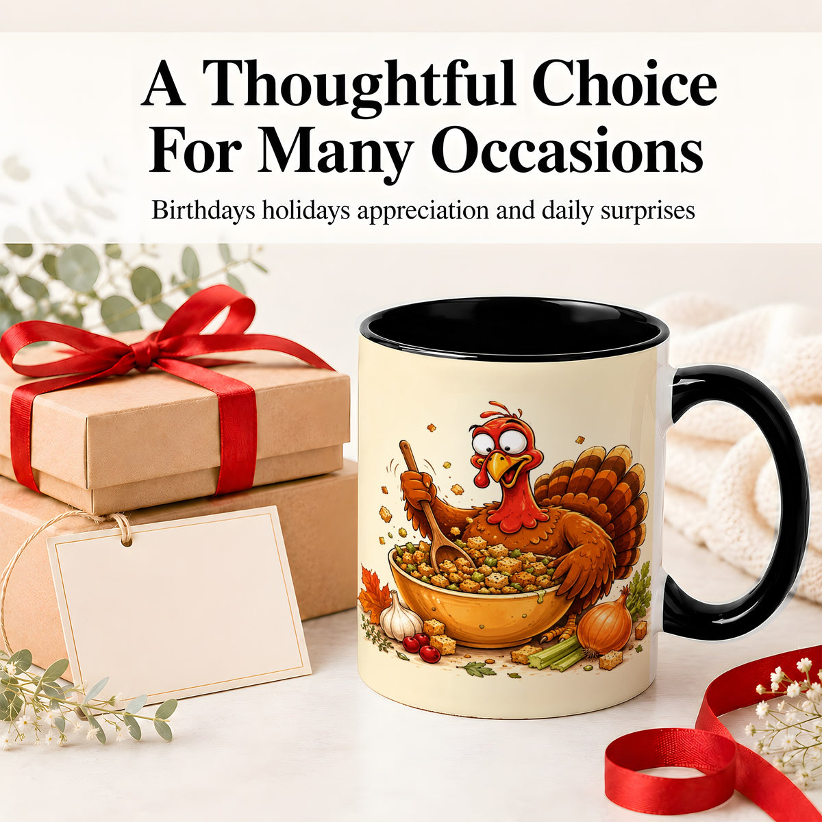 #pl[11oz|Black] Thanksgiving Turkey Accent Mug, Ceramic Mug with Stuffing Bowl Artwork