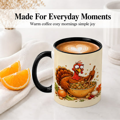 #pl[11oz|Black] Thanksgiving Turkey Accent Mug, Ceramic Mug with Stuffing Bowl Artwork