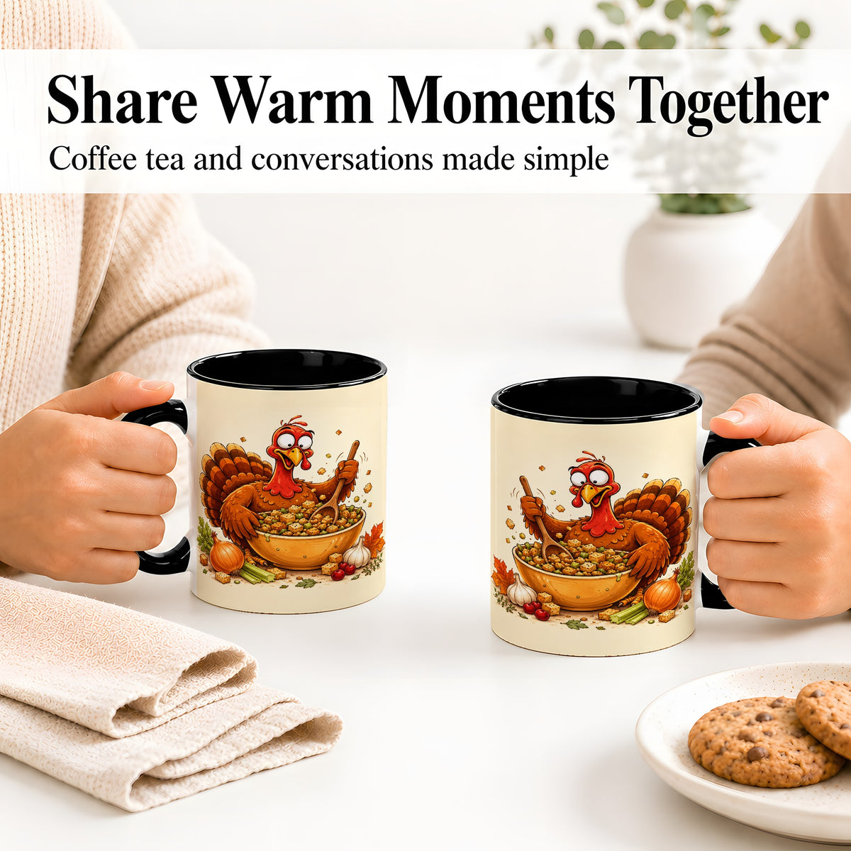 #pl[11oz|Black] Thanksgiving Turkey Accent Mug, Ceramic Mug with Stuffing Bowl Artwork