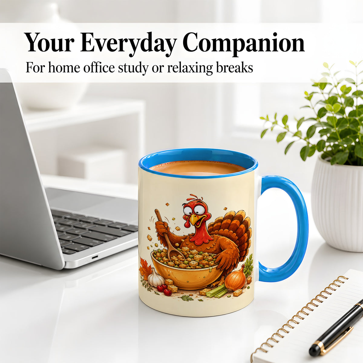 #pl[11oz|Blue] Thanksgiving Turkey Accent Mug, Ceramic Mug with Stuffing Bowl Artwork