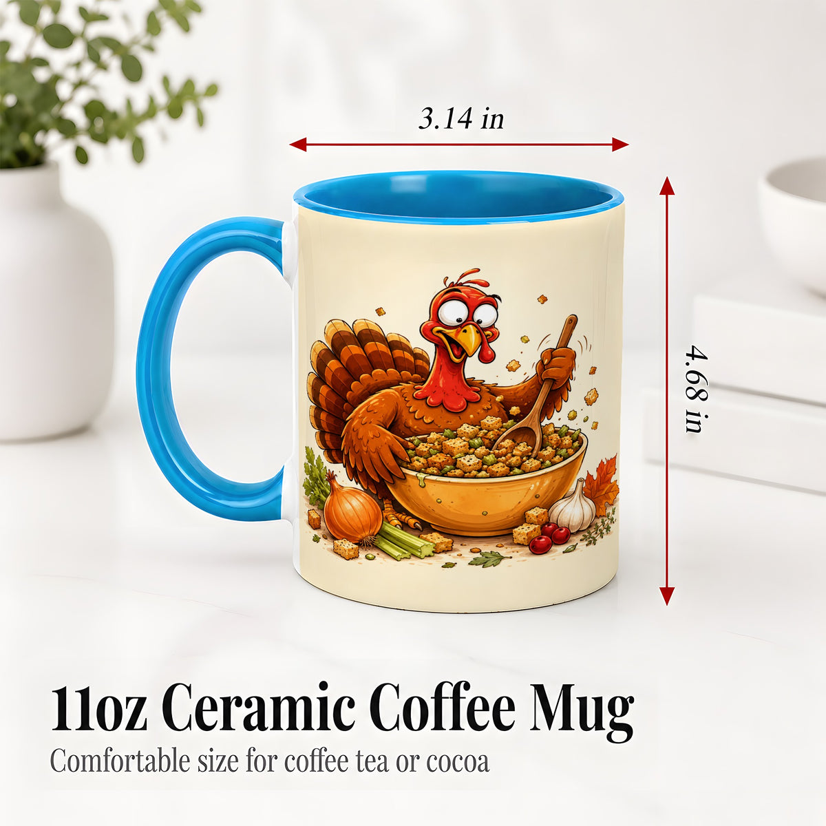 #pl[11oz|Blue] Thanksgiving Turkey Accent Mug, Ceramic Mug with Stuffing Bowl Artwork