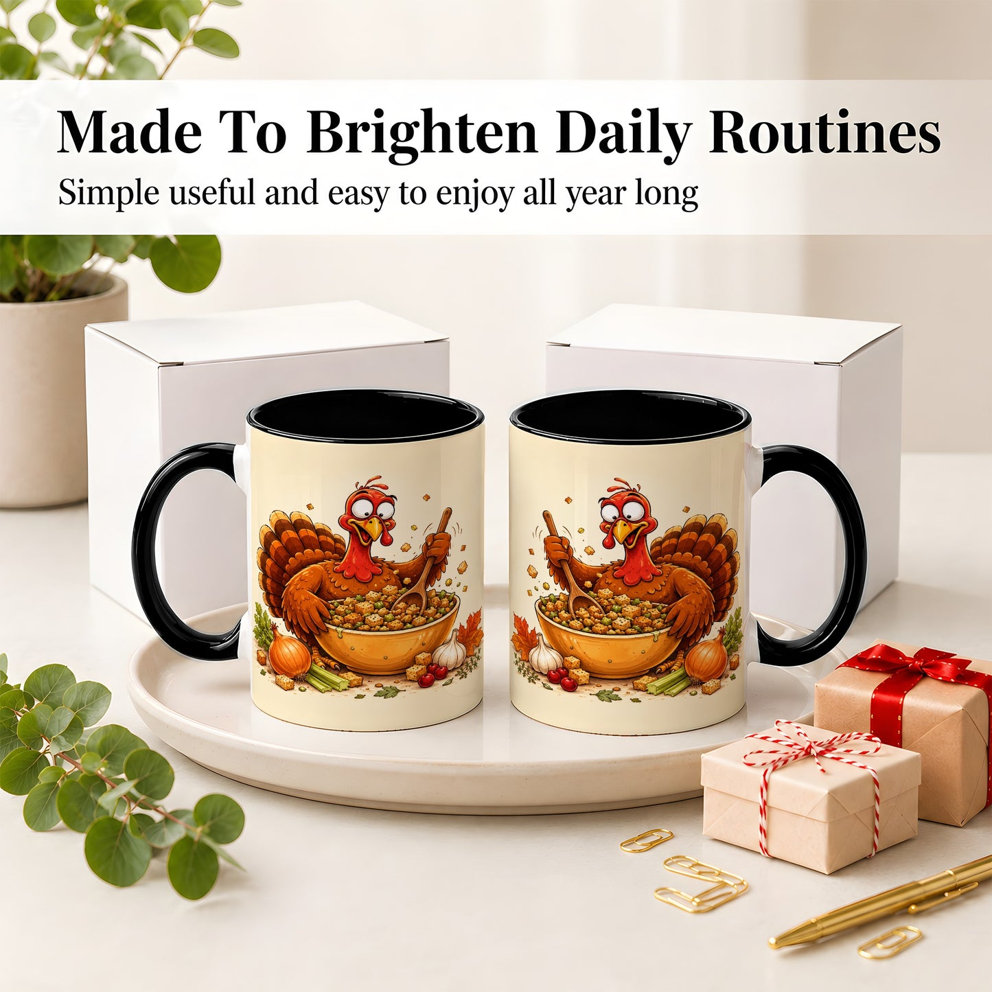 #pl[11oz|Black] Thanksgiving Turkey Accent Mug, Ceramic Mug with Stuffing Bowl Artwork