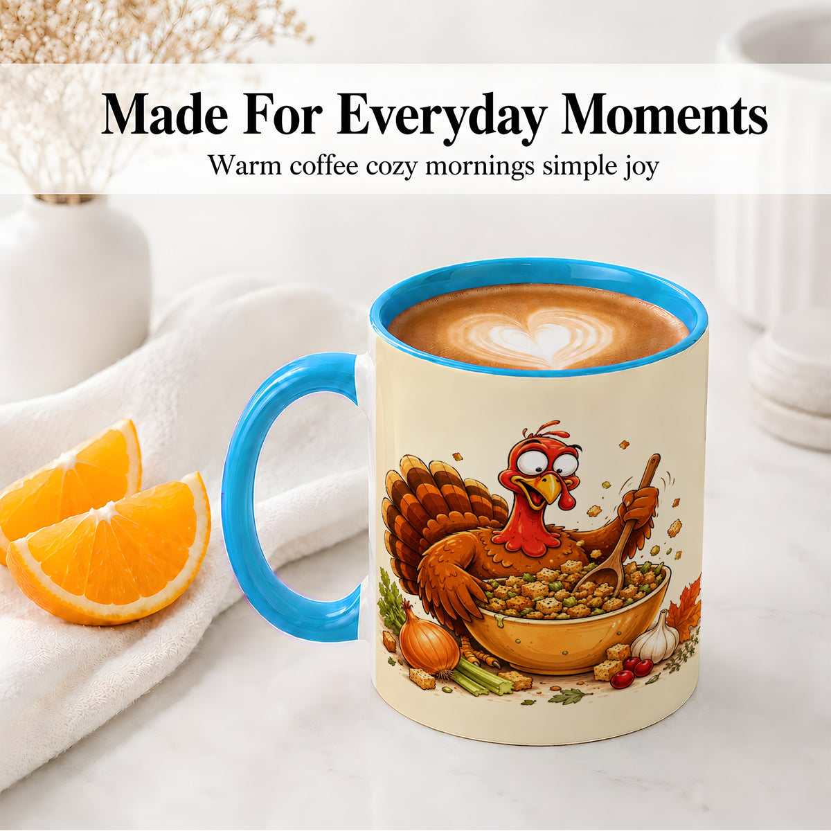 #pl[11oz|Blue] Thanksgiving Turkey Accent Mug, Ceramic Mug with Stuffing Bowl Artwork