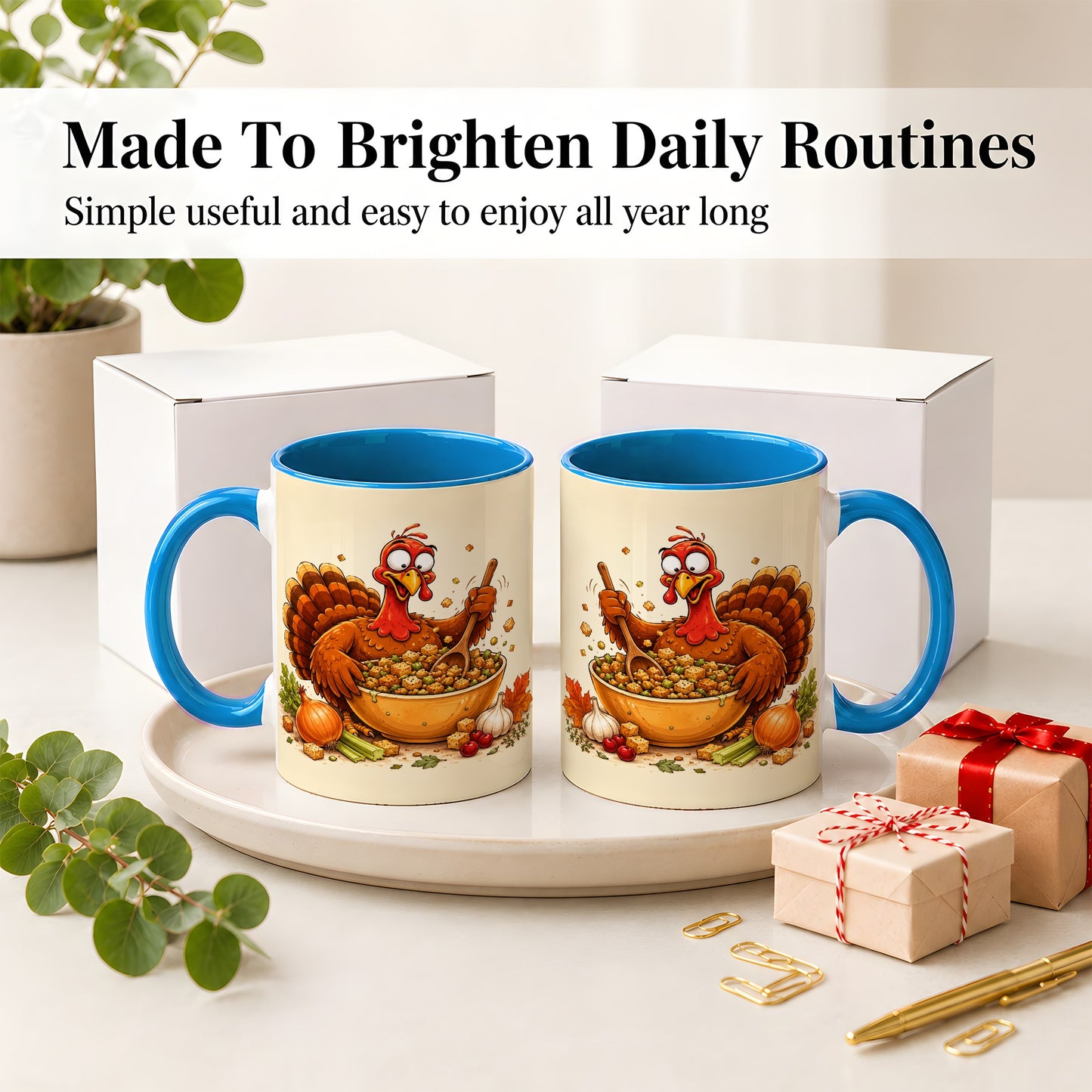 #pl[11oz|Blue] Thanksgiving Turkey Accent Mug, Ceramic Mug with Stuffing Bowl Artwork