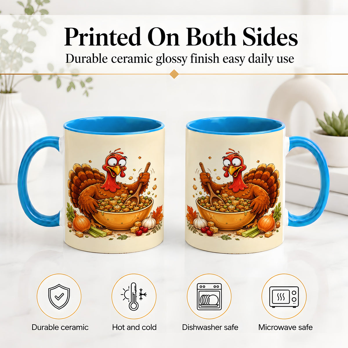 #pl[11oz|Blue] Thanksgiving Turkey Accent Mug, Ceramic Mug with Stuffing Bowl Artwork