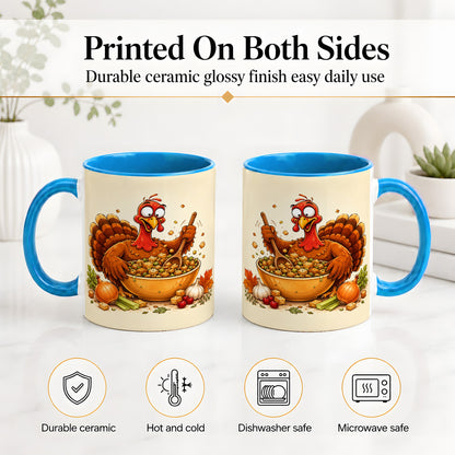 #pl[11oz|Blue] Thanksgiving Turkey Accent Mug, Ceramic Mug with Stuffing Bowl Artwork