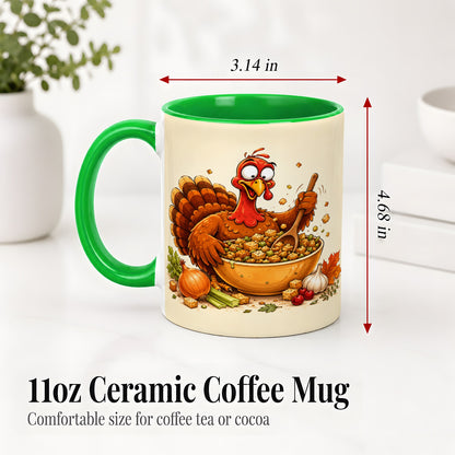 #pl[11oz|Green] Thanksgiving Turkey Accent Mug, Ceramic Mug with Stuffing Bowl Artwork