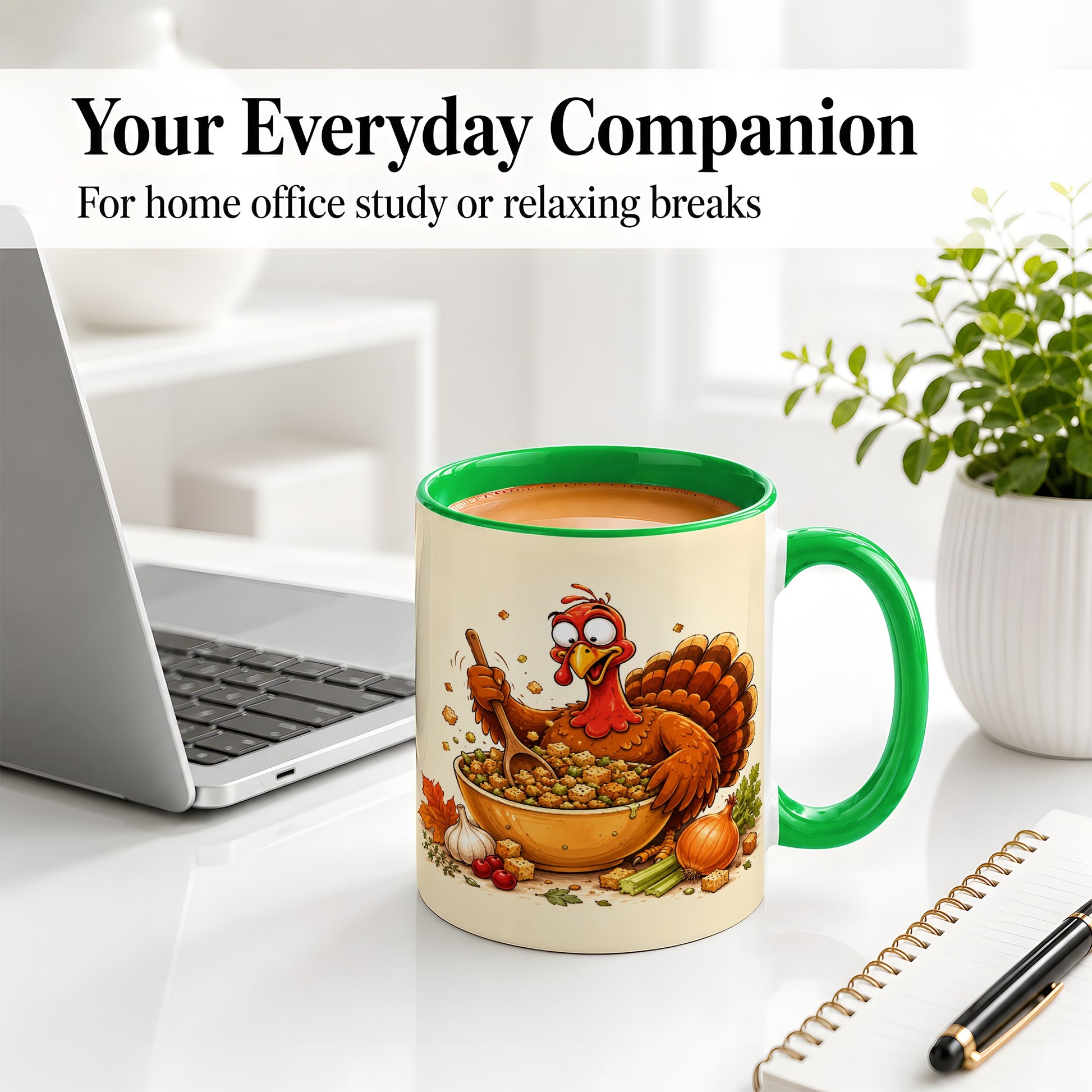 #pl[11oz|Green] Thanksgiving Turkey Accent Mug, Ceramic Mug with Stuffing Bowl Artwork