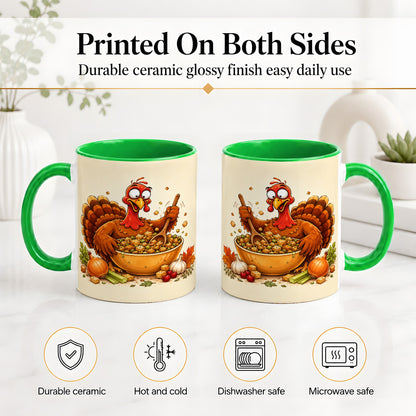 #pl[11oz|Green] Thanksgiving Turkey Accent Mug, Ceramic Mug with Stuffing Bowl Artwork