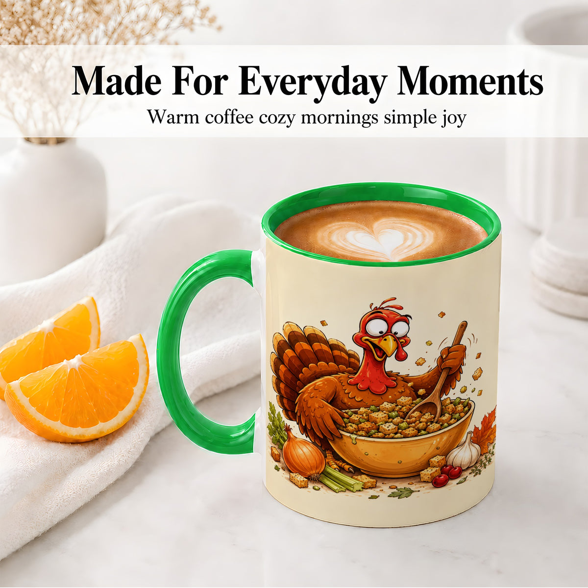 #pl[11oz|Green] Thanksgiving Turkey Accent Mug, Ceramic Mug with Stuffing Bowl Artwork