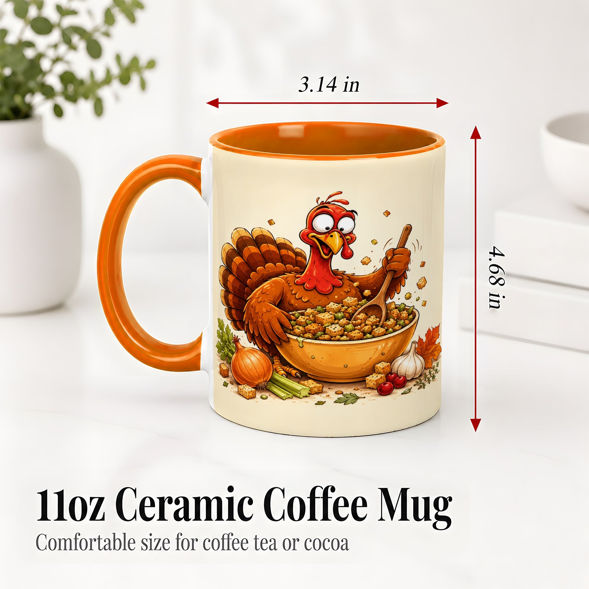 #pl[11oz|Orange] Thanksgiving Turkey Accent Mug, Ceramic Mug with Stuffing Bowl Artwork