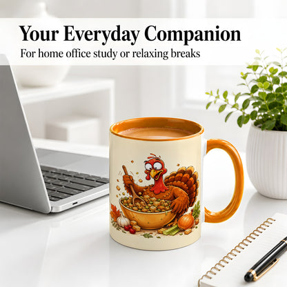 #pl[11oz|Orange] Thanksgiving Turkey Accent Mug, Ceramic Mug with Stuffing Bowl Artwork