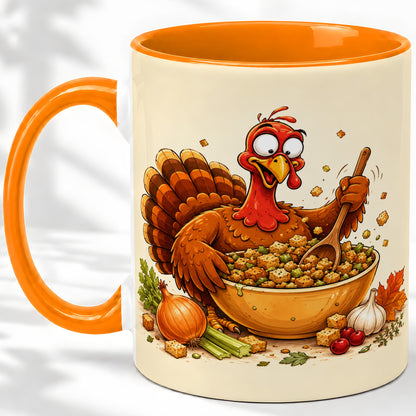 #pl[11oz|Orange] Thanksgiving Turkey Accent Mug, Ceramic Mug with Stuffing Bowl Artwork