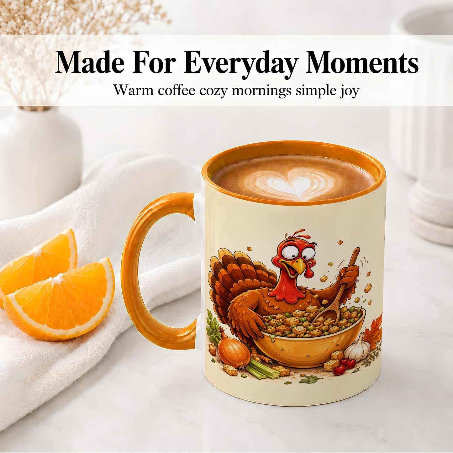 #pl[11oz|Orange] Thanksgiving Turkey Accent Mug, Ceramic Mug with Stuffing Bowl Artwork