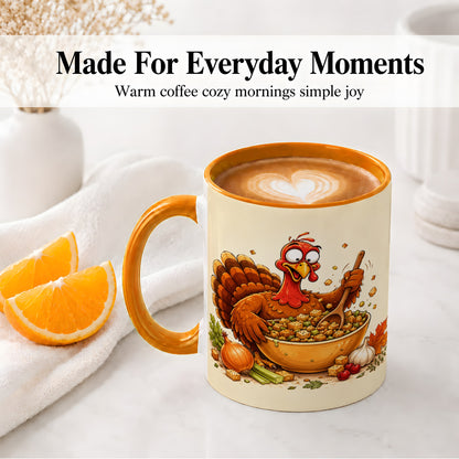 #pl[11oz|Orange] Thanksgiving Turkey Accent Mug, Ceramic Mug with Stuffing Bowl Artwork