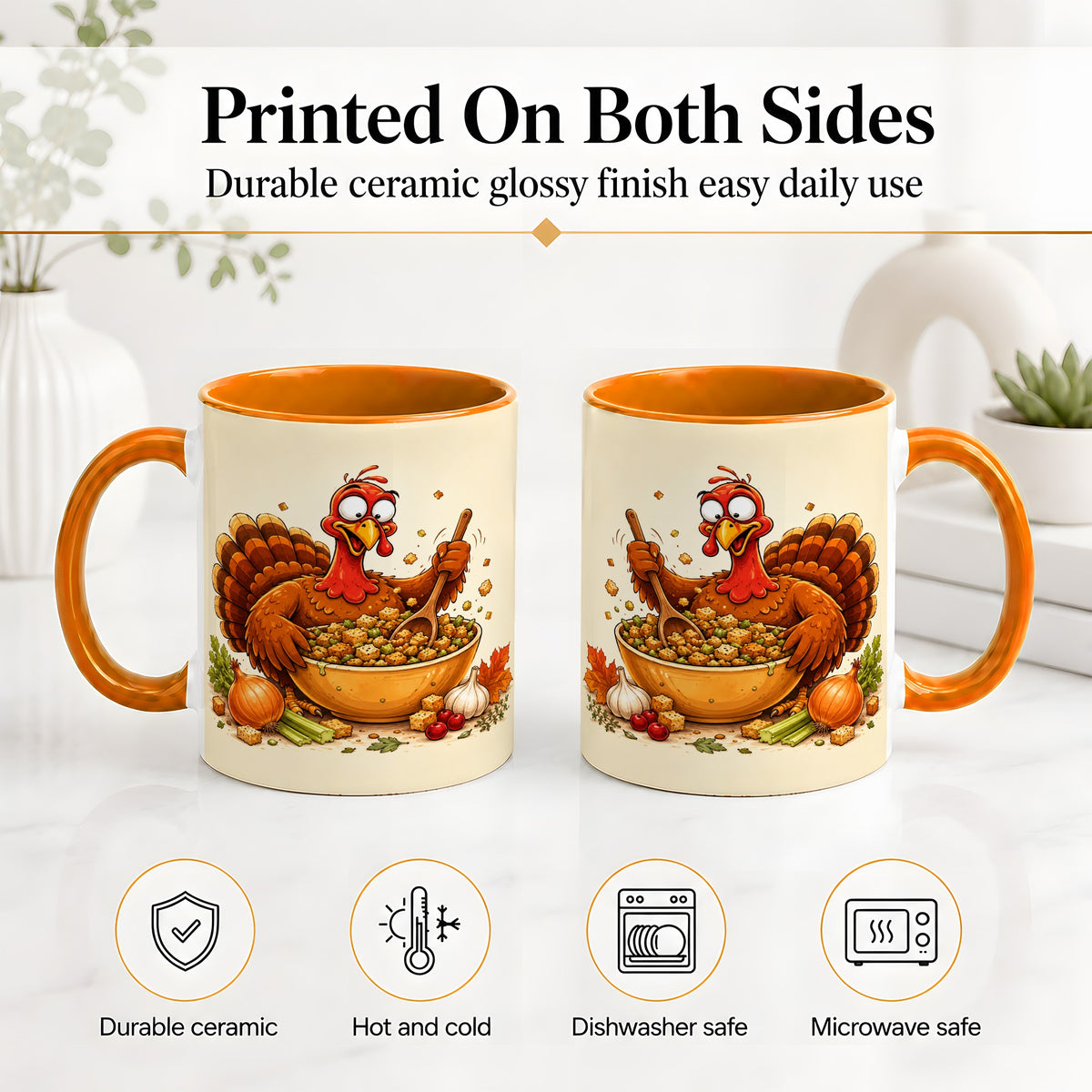 #pl[11oz|Orange] Thanksgiving Turkey Accent Mug, Ceramic Mug with Stuffing Bowl Artwork