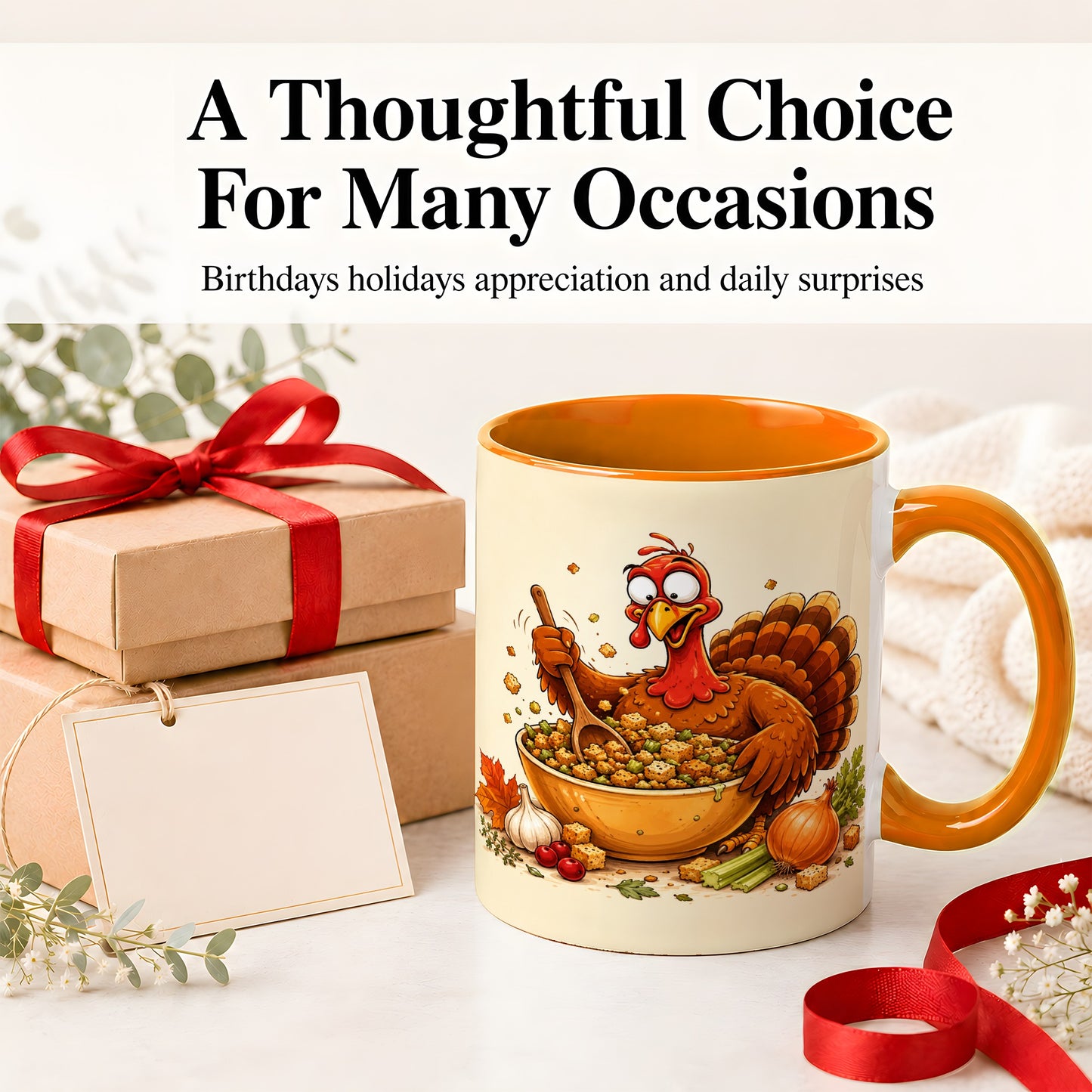 #pl[11oz|Orange] Thanksgiving Turkey Accent Mug, Ceramic Mug with Stuffing Bowl Artwork