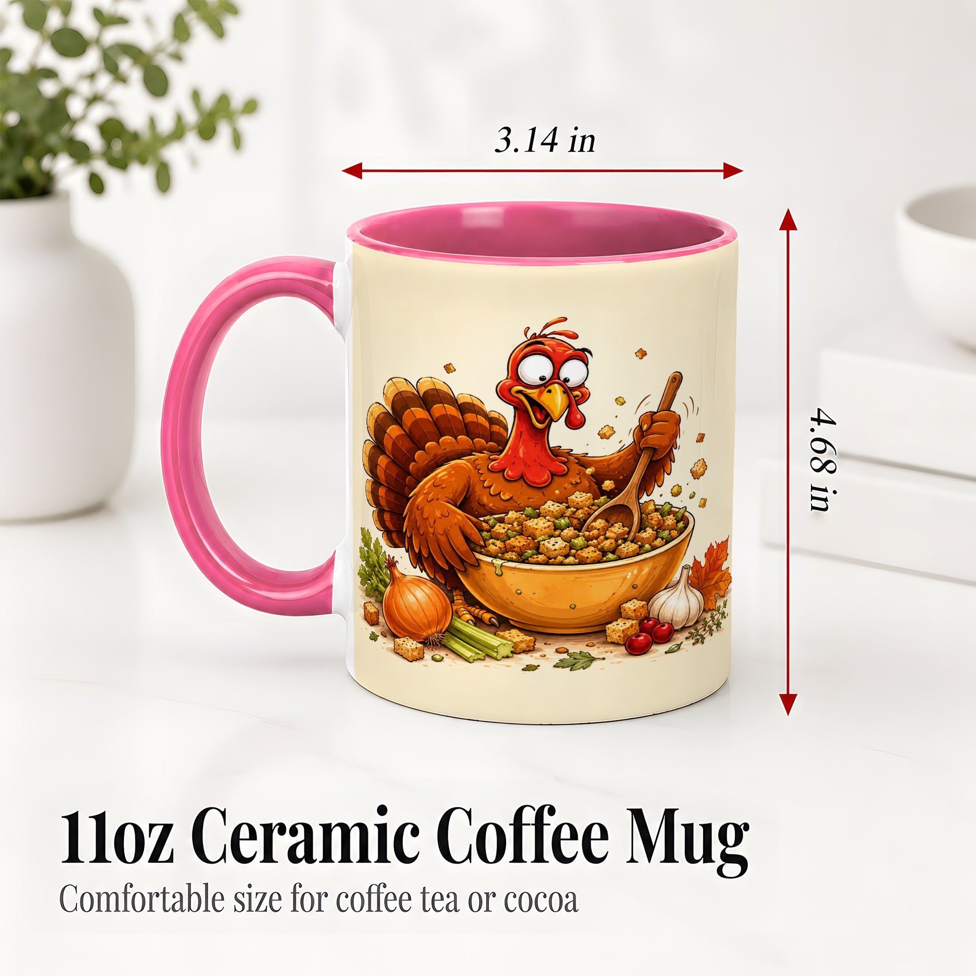 #pl[11oz|Pink] Thanksgiving Turkey Accent Mug, Ceramic Mug with Stuffing Bowl Artwork