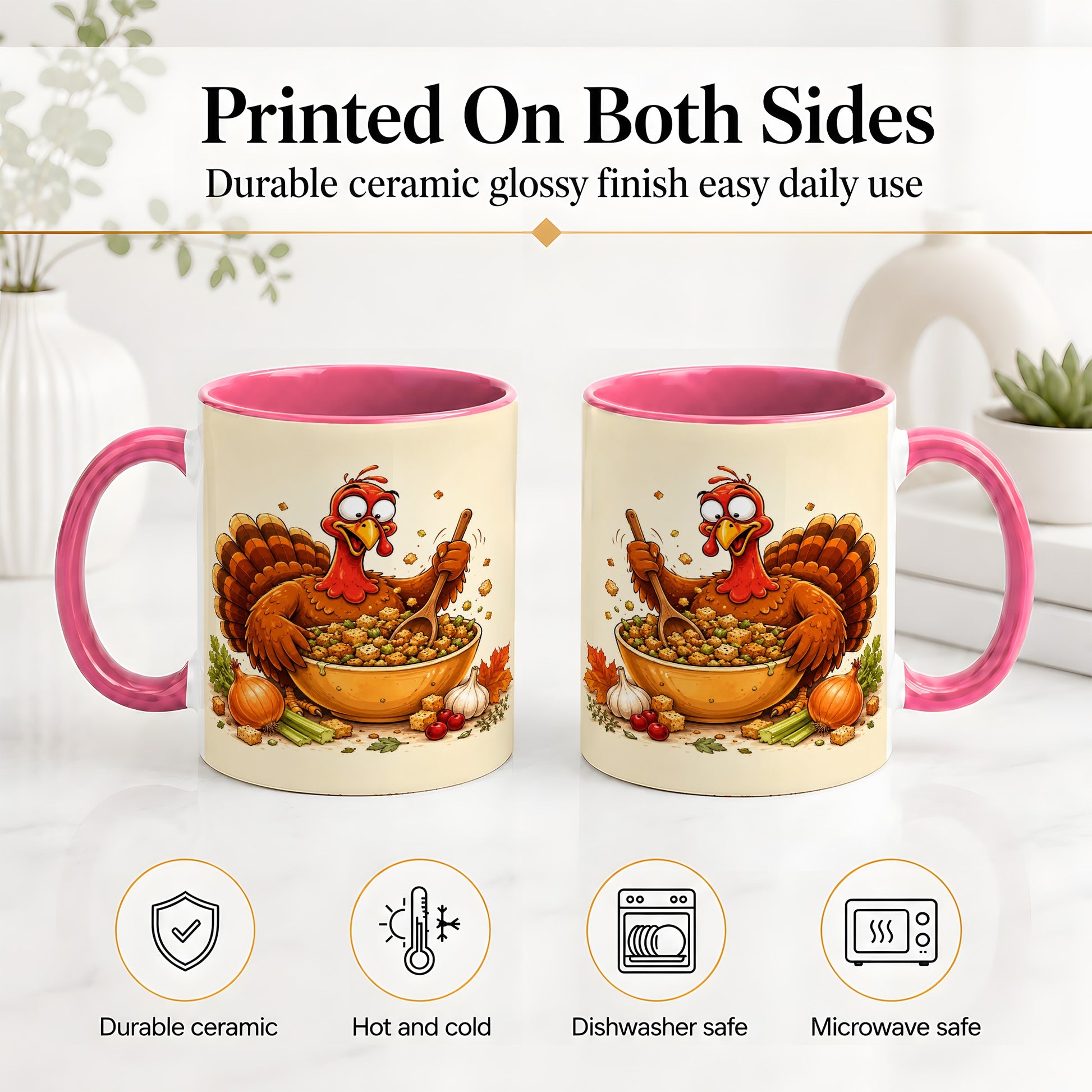 #pl[11oz|Pink] Thanksgiving Turkey Accent Mug, Ceramic Mug with Stuffing Bowl Artwork