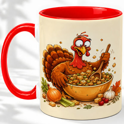 Thanksgiving Turkey Accent Mug, Ceramic Mug with Stuffing Bowl Artwork