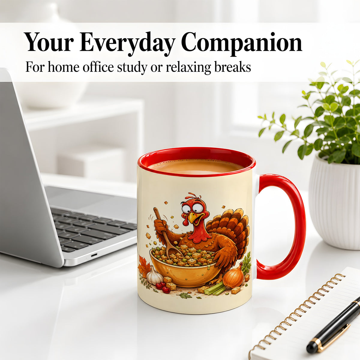 #pl[11oz|Red] Thanksgiving Turkey Accent Mug, Ceramic Mug with Stuffing Bowl Artwork