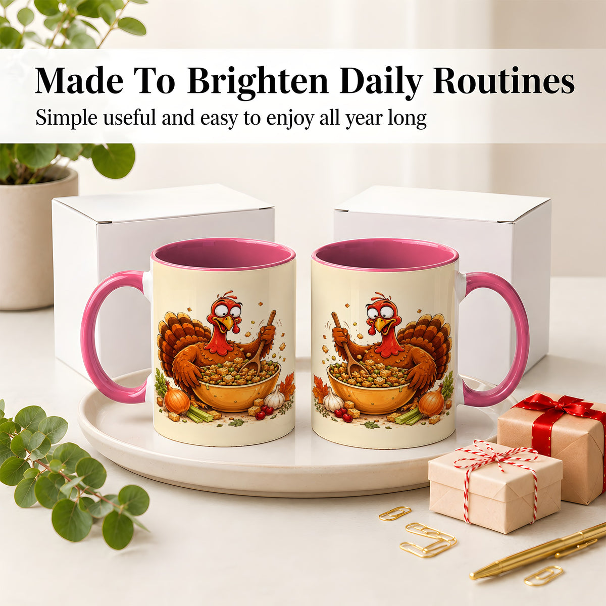 #pl[11oz|Pink] Thanksgiving Turkey Accent Mug, Ceramic Mug with Stuffing Bowl Artwork