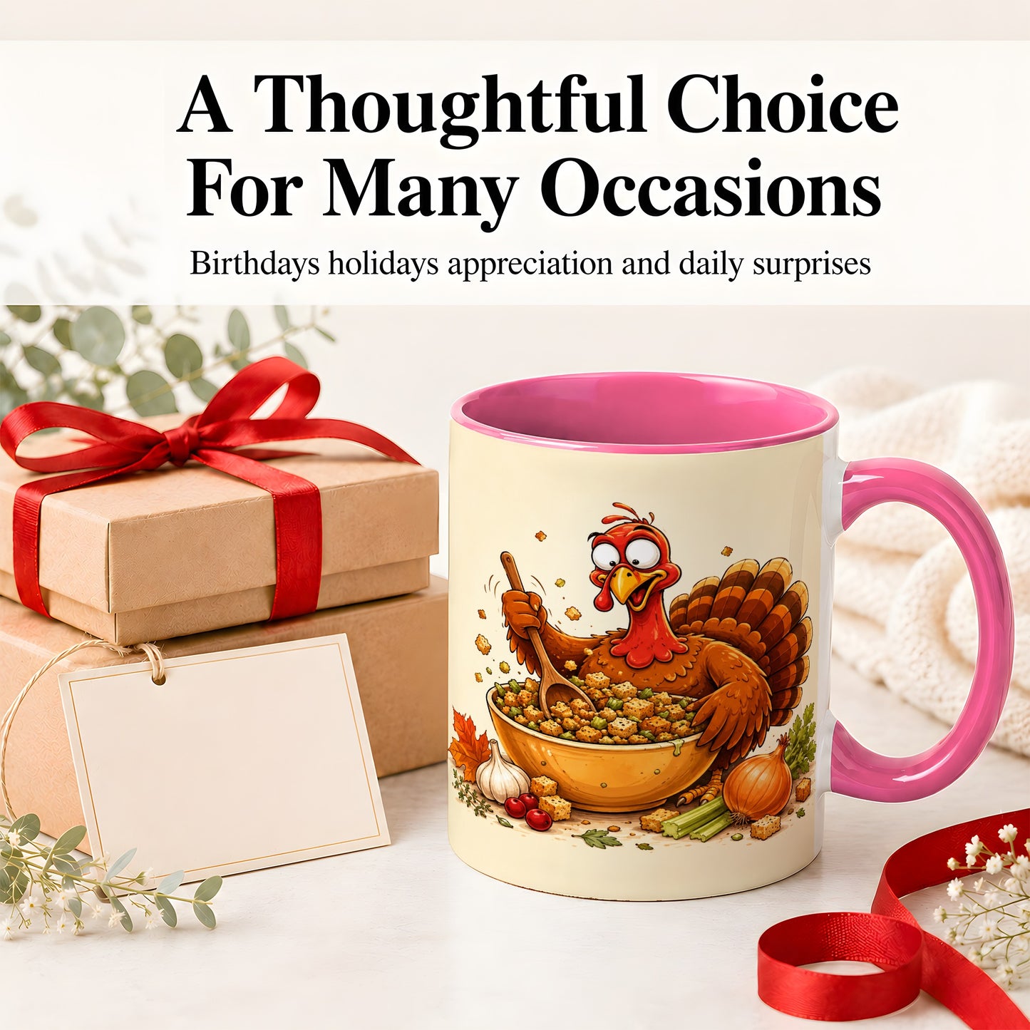 #pl[11oz|Pink] Thanksgiving Turkey Accent Mug, Ceramic Mug with Stuffing Bowl Artwork
