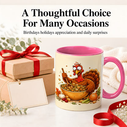 #pl[11oz|Pink] Thanksgiving Turkey Accent Mug, Ceramic Mug with Stuffing Bowl Artwork