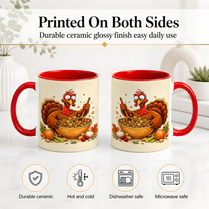 #pl[11oz|Red] Thanksgiving Turkey Accent Mug, Ceramic Mug with Stuffing Bowl Artwork