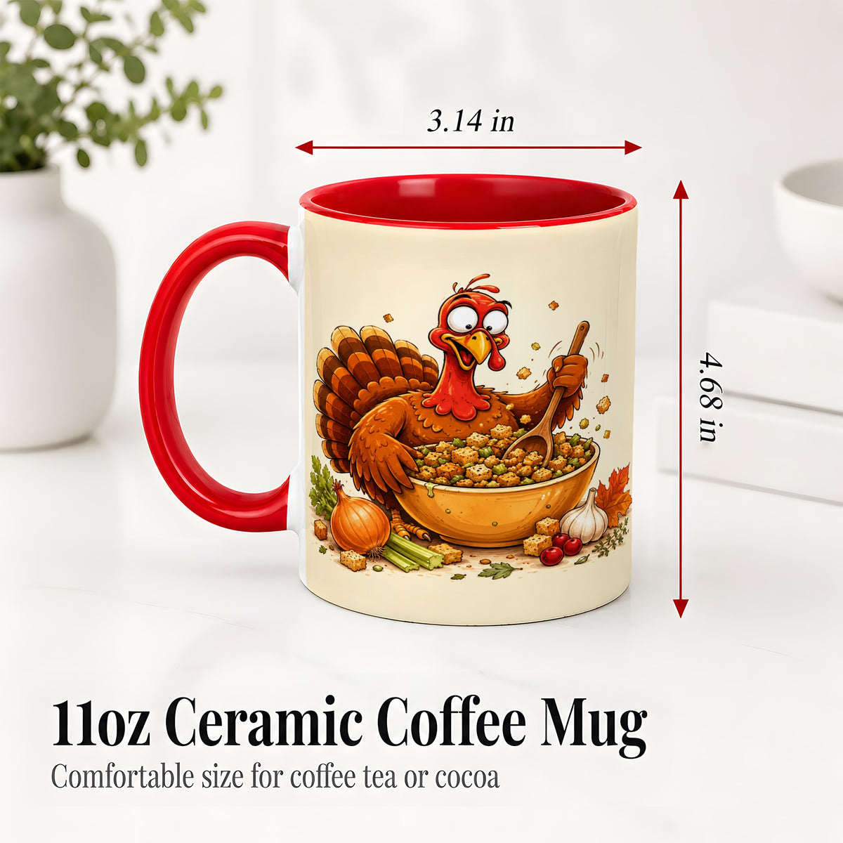 #pl[11oz|Red] Thanksgiving Turkey Accent Mug, Ceramic Mug with Stuffing Bowl Artwork