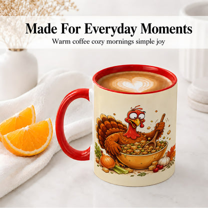 #pl[11oz|Red] Thanksgiving Turkey Accent Mug, Ceramic Mug with Stuffing Bowl Artwork