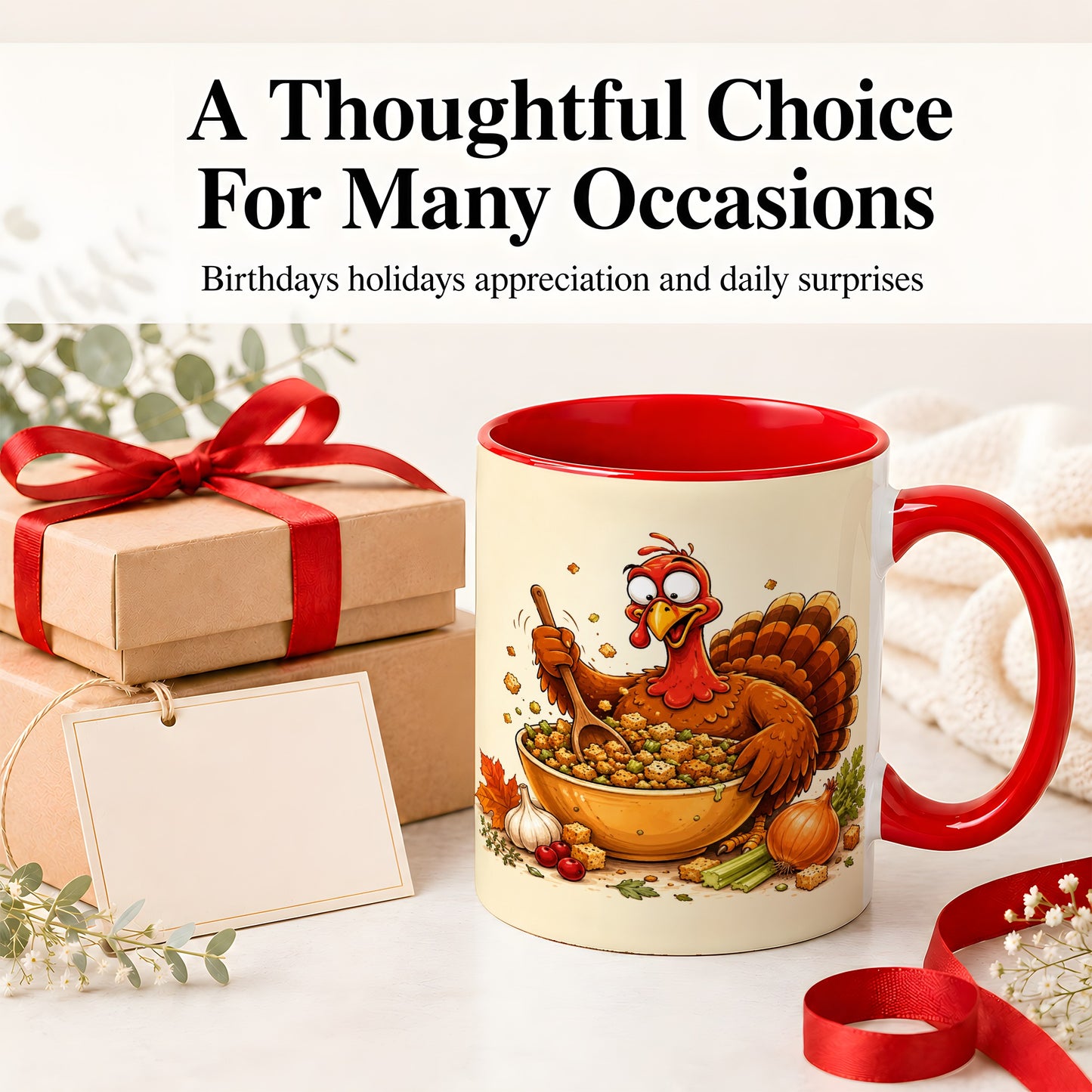 #pl[11oz|Red] Thanksgiving Turkey Accent Mug, Ceramic Mug with Stuffing Bowl Artwork