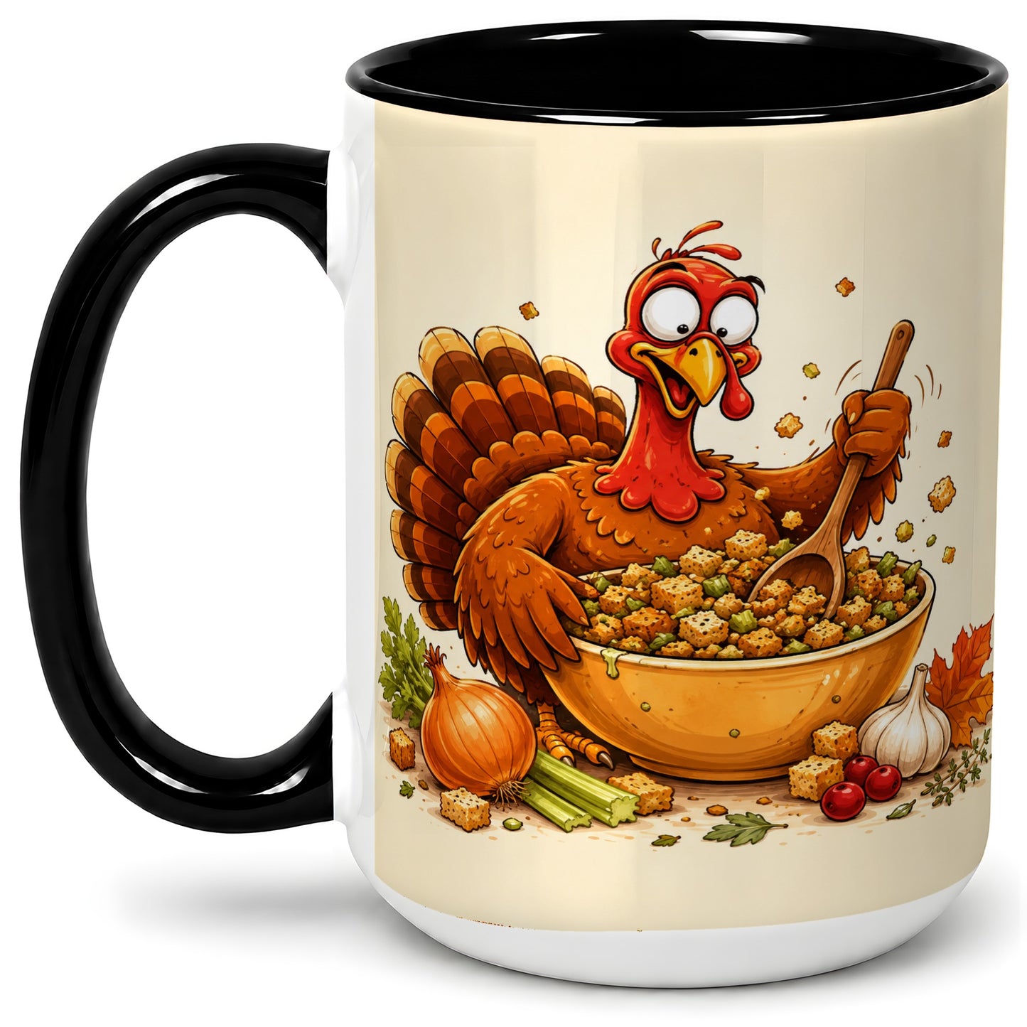 #pl[15oz|Black] Thanksgiving Turkey Accent Mug, Ceramic Mug with Stuffing Bowl Artwork