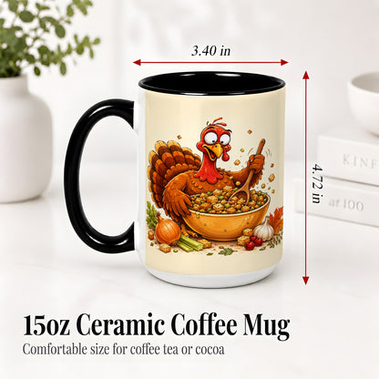 #pl[15oz|Black] Thanksgiving Turkey Accent Mug, Ceramic Mug with Stuffing Bowl Artwork