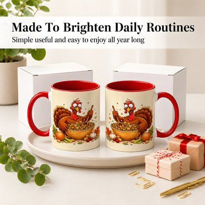 #pl[11oz|Red] Thanksgiving Turkey Accent Mug, Ceramic Mug with Stuffing Bowl Artwork