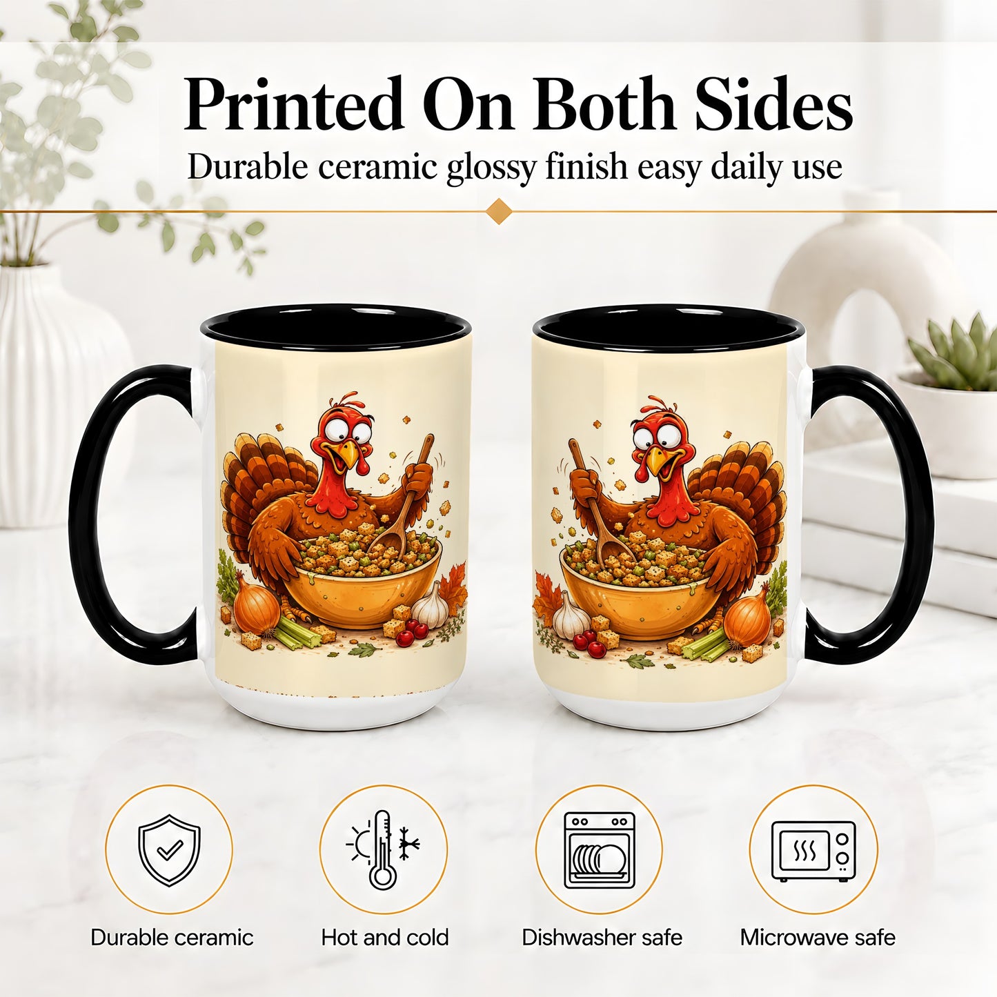 #pl[15oz|Black] Thanksgiving Turkey Accent Mug, Ceramic Mug with Stuffing Bowl Artwork