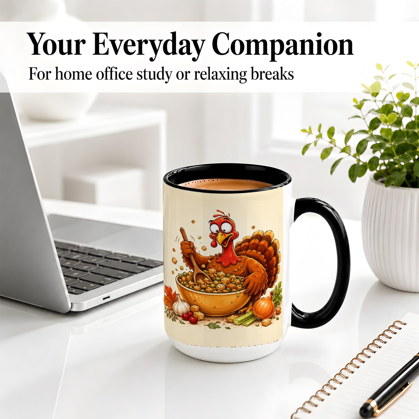 #pl[15oz|Black] Thanksgiving Turkey Accent Mug, Ceramic Mug with Stuffing Bowl Artwork