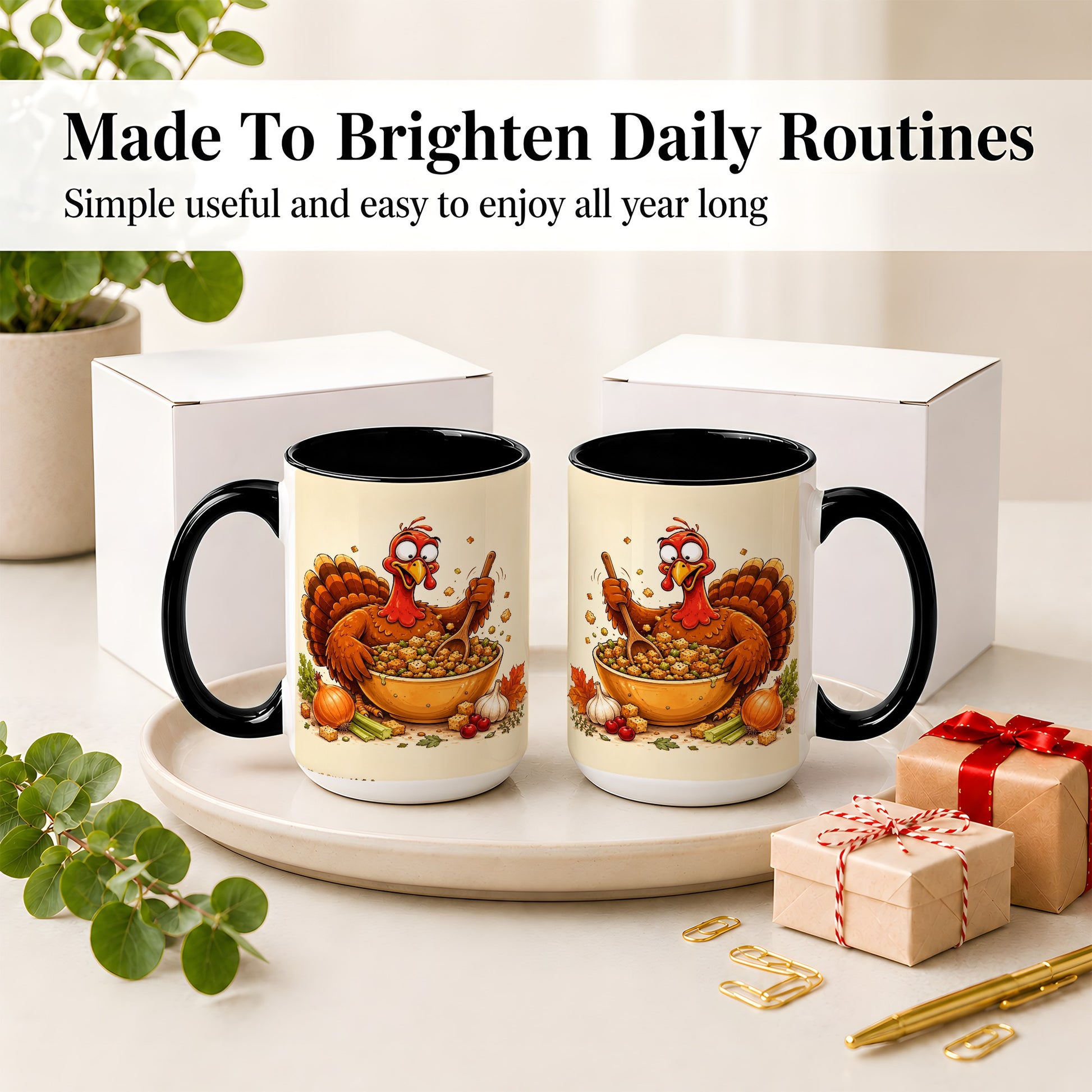 #pl[15oz|Black] Thanksgiving Turkey Accent Mug, Ceramic Mug with Stuffing Bowl Artwork