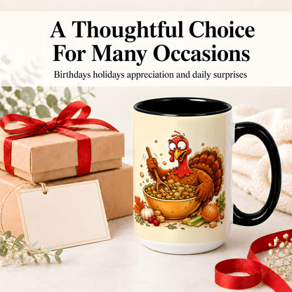 #pl[15oz|Black] Thanksgiving Turkey Accent Mug, Ceramic Mug with Stuffing Bowl Artwork