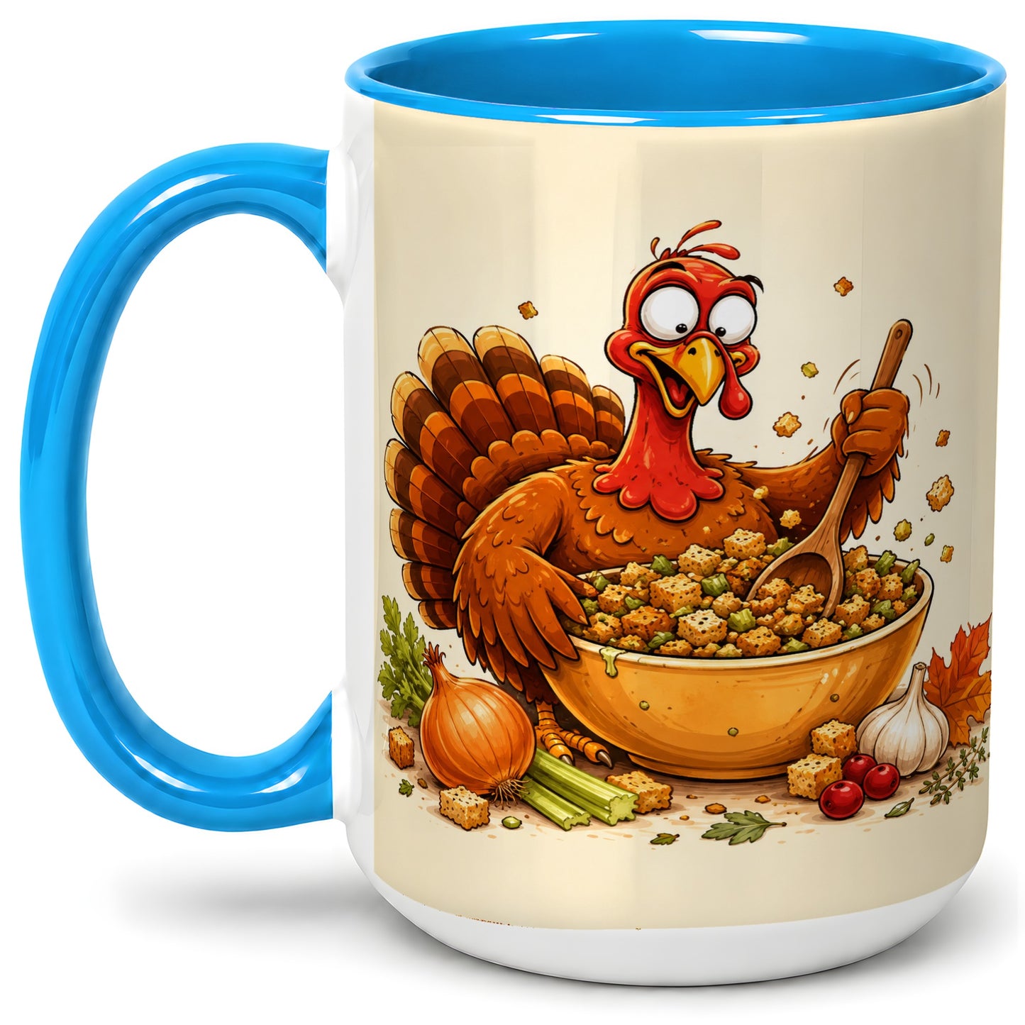 #pl[15oz|Blue] Thanksgiving Turkey Accent Mug, Ceramic Mug with Stuffing Bowl Artwork