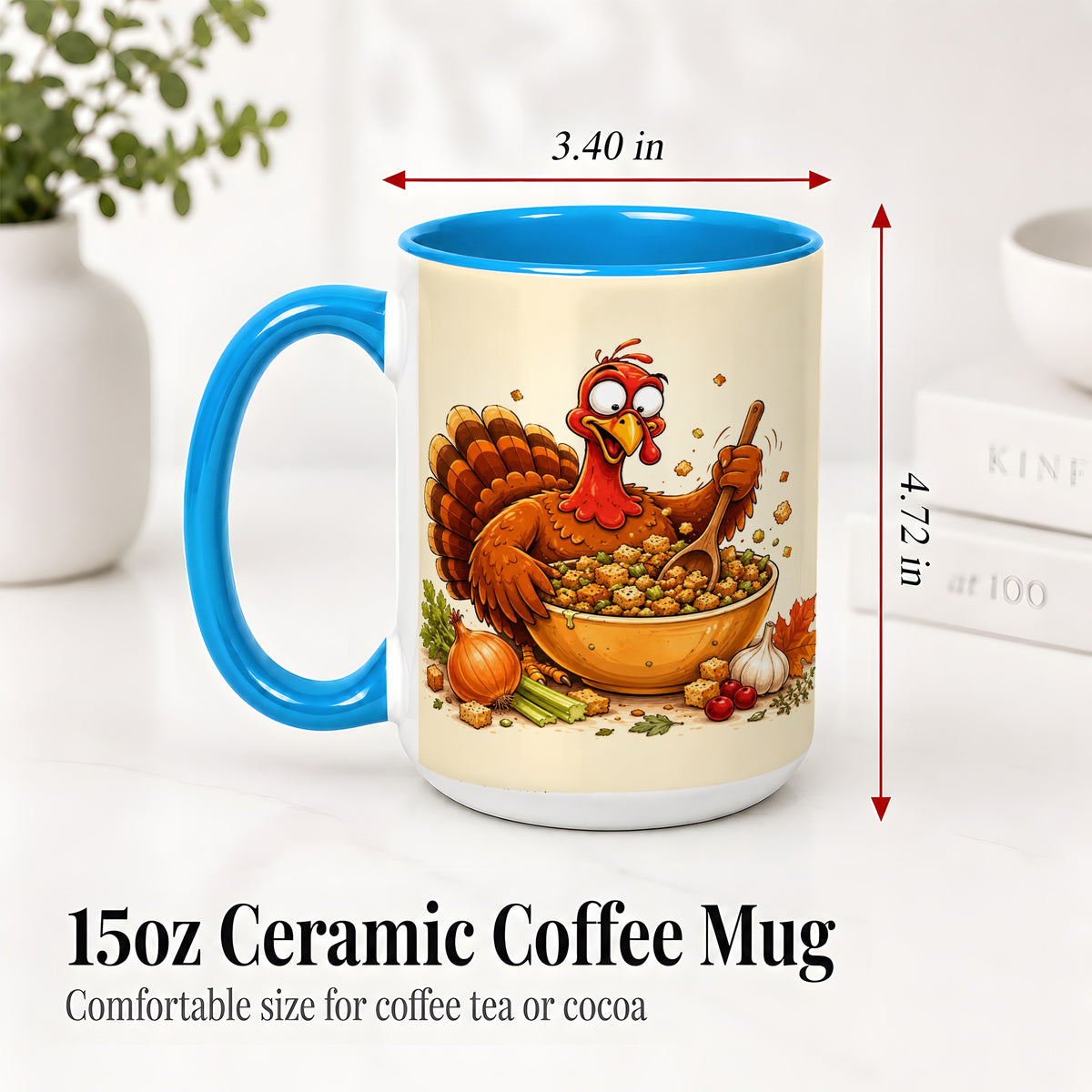 #pl[15oz|Blue] Thanksgiving Turkey Accent Mug, Ceramic Mug with Stuffing Bowl Artwork