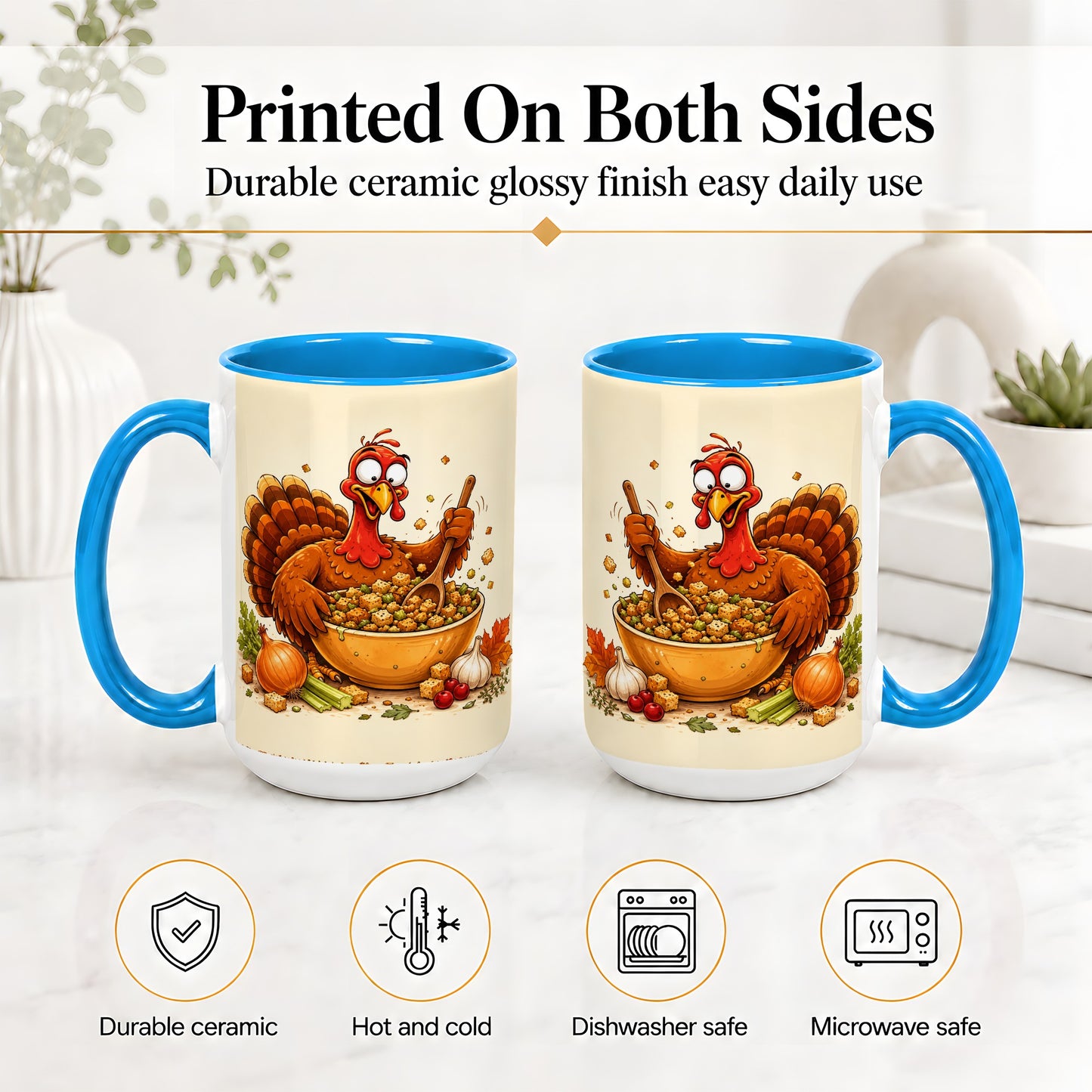 #pl[15oz|Blue] Thanksgiving Turkey Accent Mug, Ceramic Mug with Stuffing Bowl Artwork